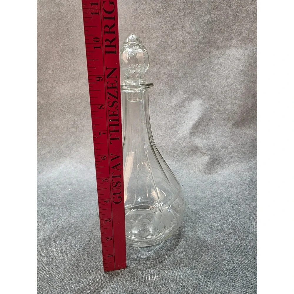 Vintage Clear Glass Decanter with Stopper Frosted Floral Etched Ribbed 10.5 Inch